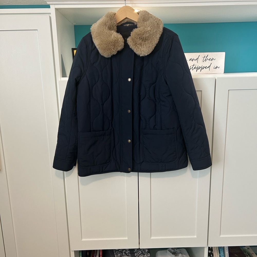 Talbots Dark Blue Puffer Jacket with Tan Faux Fur Collar